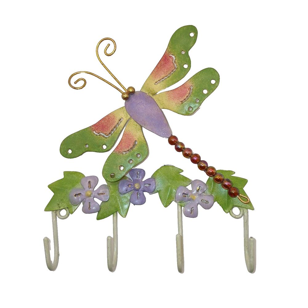 Dragonfly 4 Hook Wall Rack Pastel Green Purple Yellow Enameled Metal Cottagecore